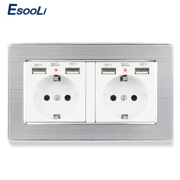 

Esooli Black White Gold 2 Gang EU Standard Wall Socket With 4 USB Charge Port Hidden Soft LED Indicator Stainless Steel Panel