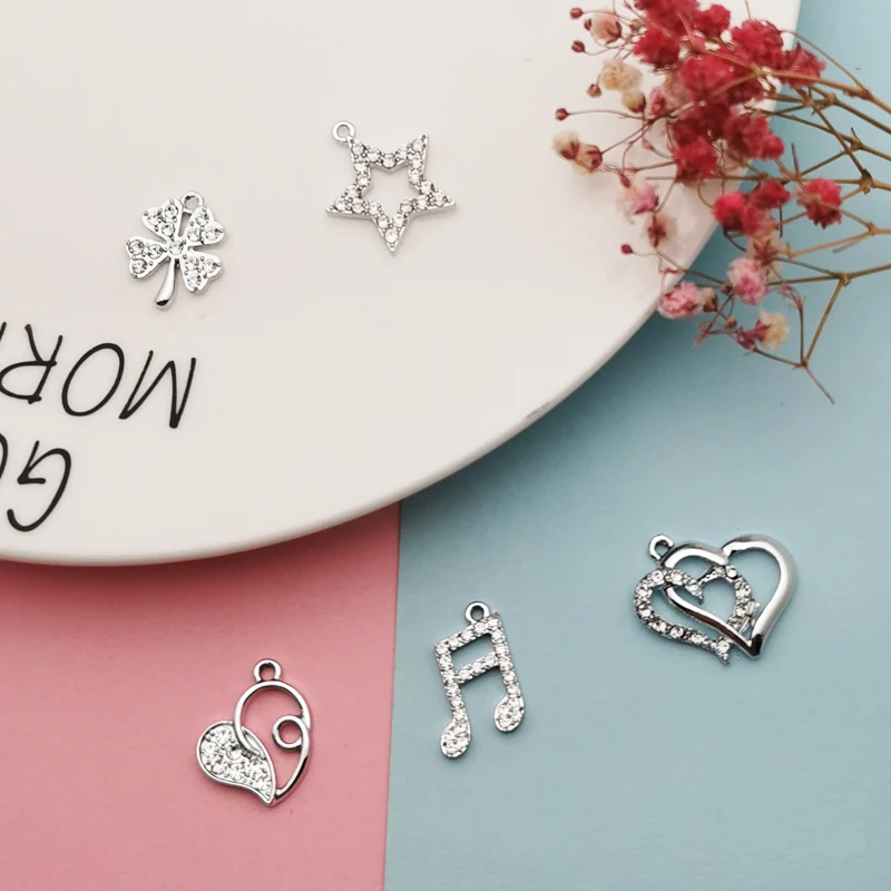 

10pcs Shiny Rhinestone Musical Note Star Heart Glass Metal Charms Pendants Fit DIY Jewelry Making White K Tone Earrings Finding