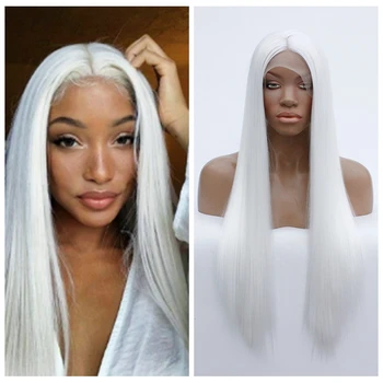 

MHAZEL Long Silky Straight Hair Synthetic Lace Front Wig Snow White Middle Part Cosplay Wig Glueless Front Lace Wigs for Women