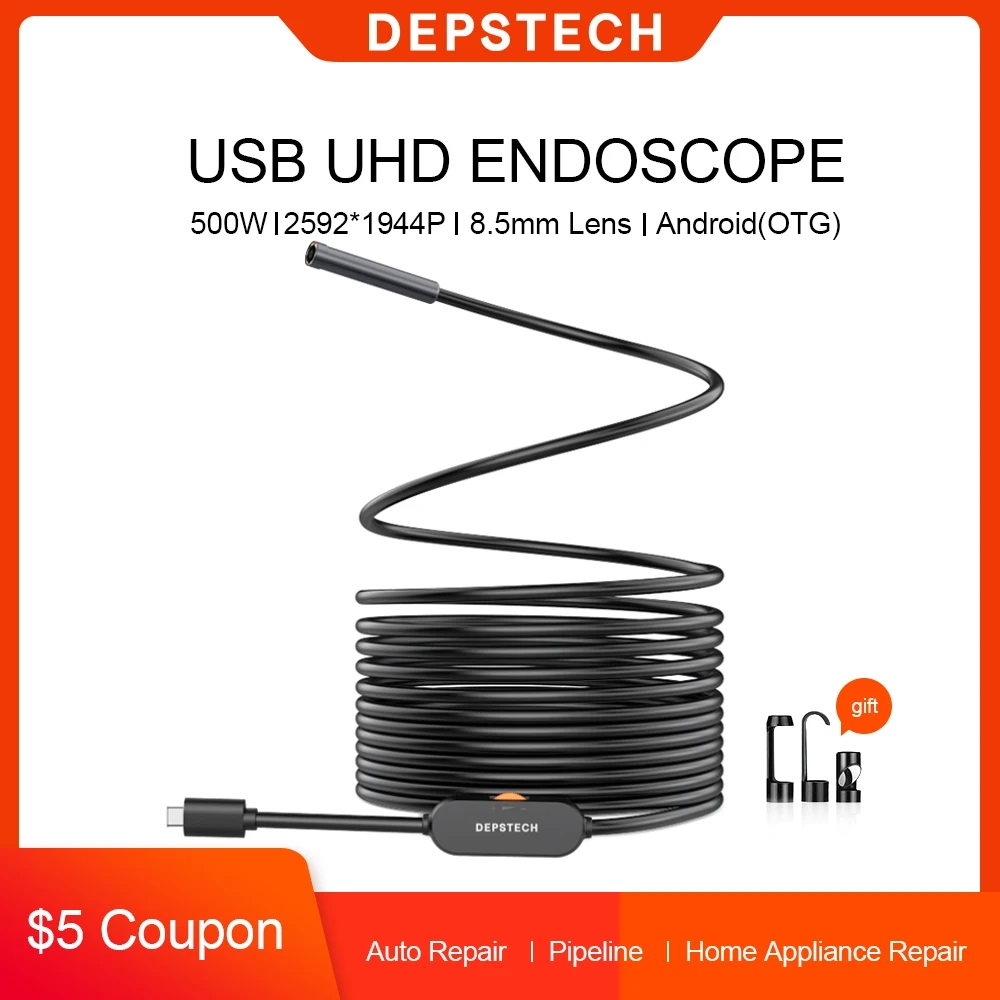 Buen valor DEPSTECH-cámara endoscópica de 8,5mm, endoscopio USB 1944P HD con 6 LED, Cable de 5M, boroscopio de inspección impermeable para Android, OTG, PC 9YaLQNQkyXQ