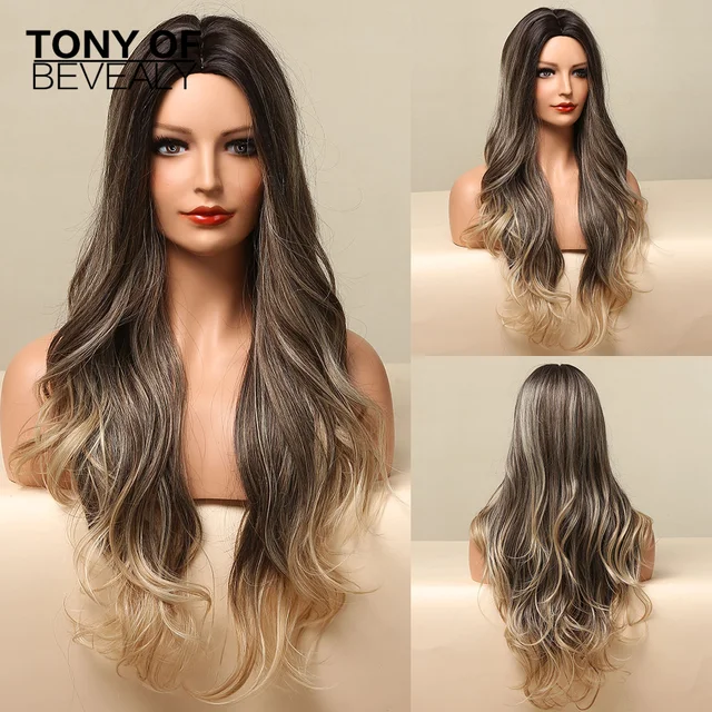 Long Water Wavy Synthetic Wigs Ombre Brown Middle Part Natural Hair Wigs For Women Cosplay Wigs Heat Resistant Fiber LC5310-1