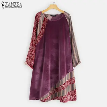 

2020 Spring Elegant Women's Print Sundress Velvets Dress Casual Long Sleeve Patchwork Midi Vestido Female O Neck Robe Plus Size