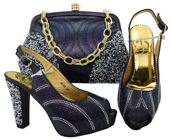 

Hot Sale Dark Blue African High Heel Sandal Shoes With Bag Set M006 Heel Height 11cm