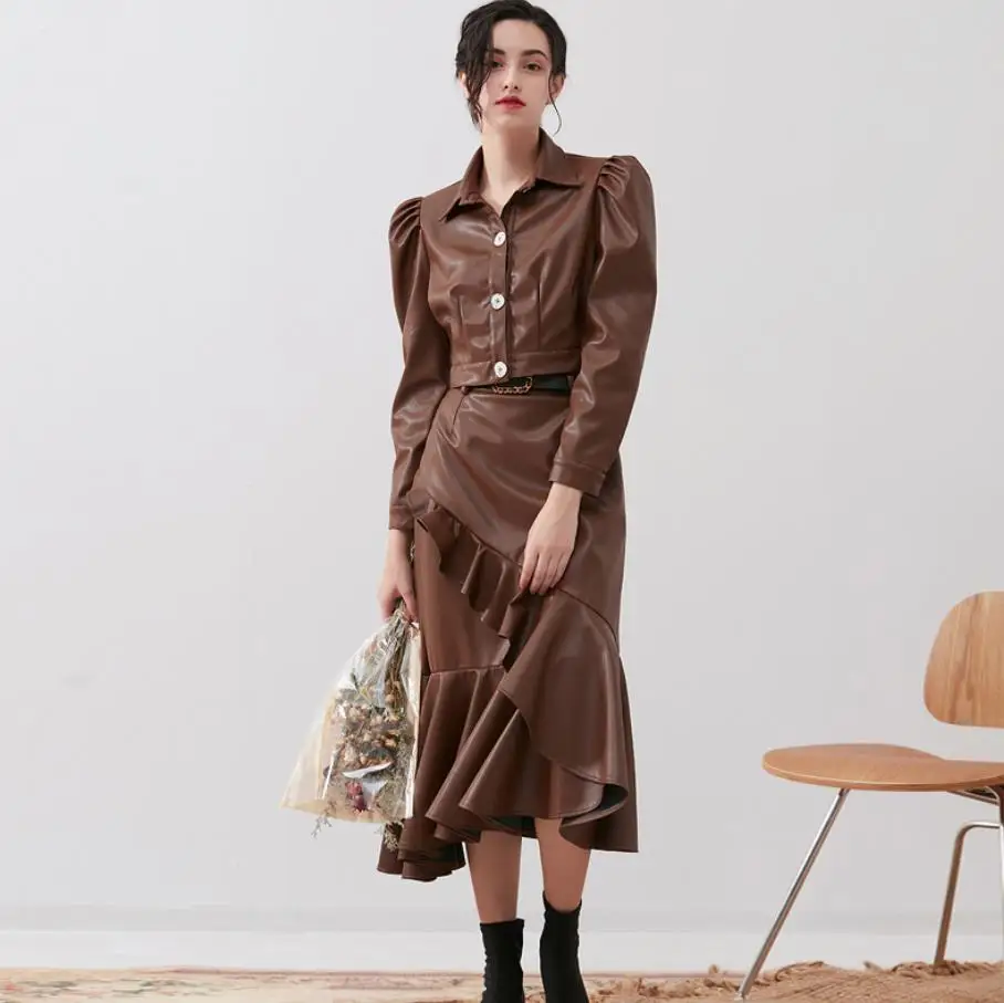 

Irregular big ruffles leather skirt female Mermaid soft pu Leather skrits Punk Rock skirts faux leather skirts F2196