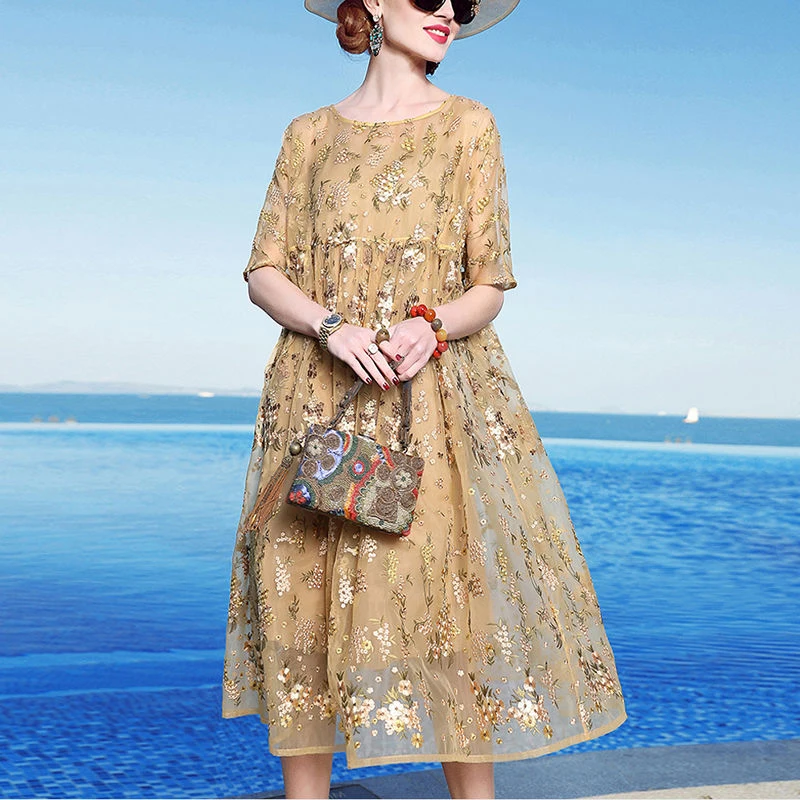 

New Arrival Summer Women Embroidery Party Dresses Flower Embroidered 2 Pieces Vintage Mesh Dresses Female Vestidos Plus Size S92