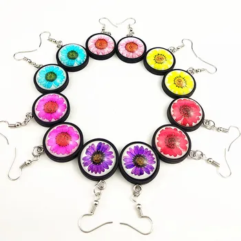 

Jiangzimei 24pairs pink,red, blue, purple rose dried flowers, chrysanthemum,Daisy photos glass Eardrop black wood earrings