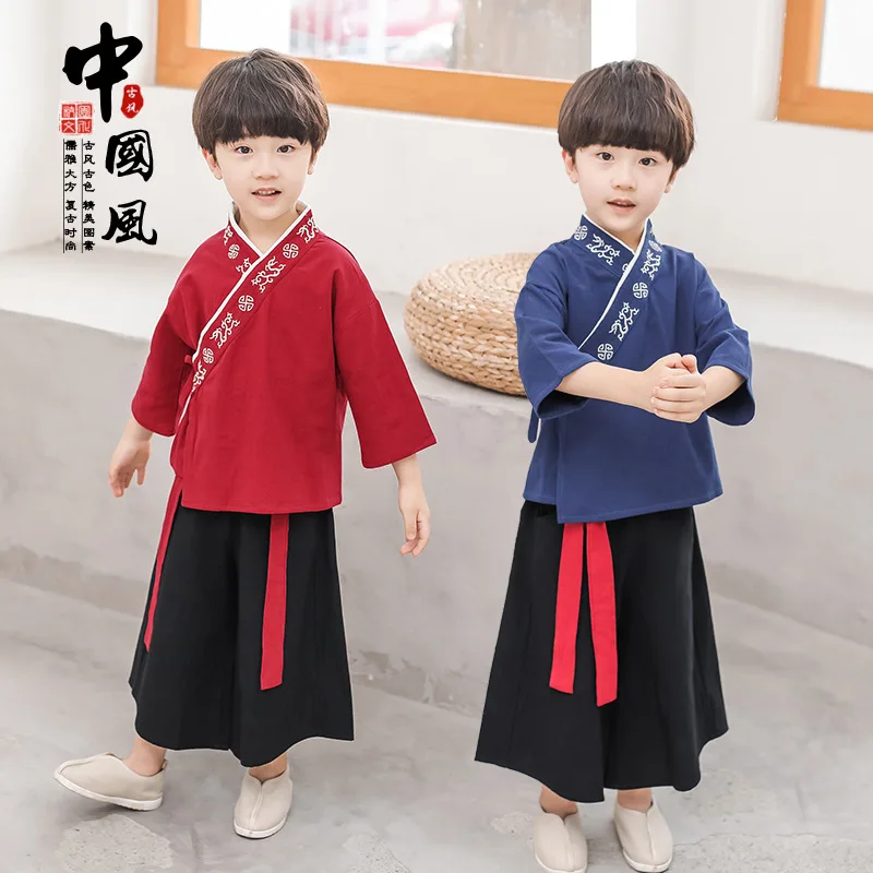 Комплект одежды в китайском стиле для мальчиков, г., осенний костюм в китайском стиле с длинными рукавами и вышитым воротником комплект из двух предметов