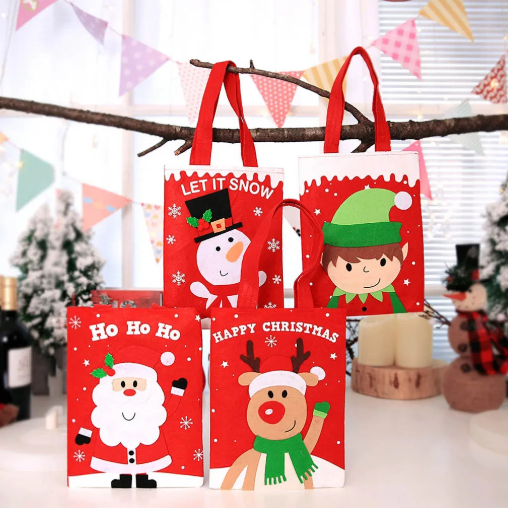 

Christmas Red Felt Cloth Cartoon Old Man Snowman Candy Tote Child Gift Bag Decoration Our Home No Zipper Cotton Fabric Gift Bag