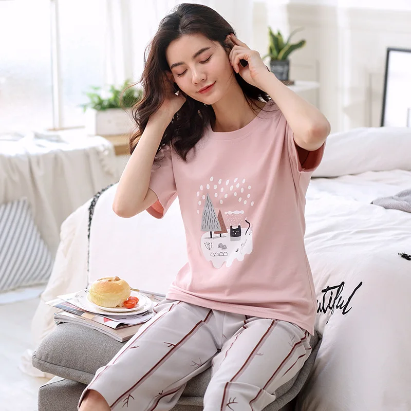 

Pajamas Female Summer Pure Cotton Short Sleeve Capri Pants Korean-style Fresh Casual Women's Students Cotton Tracksuit