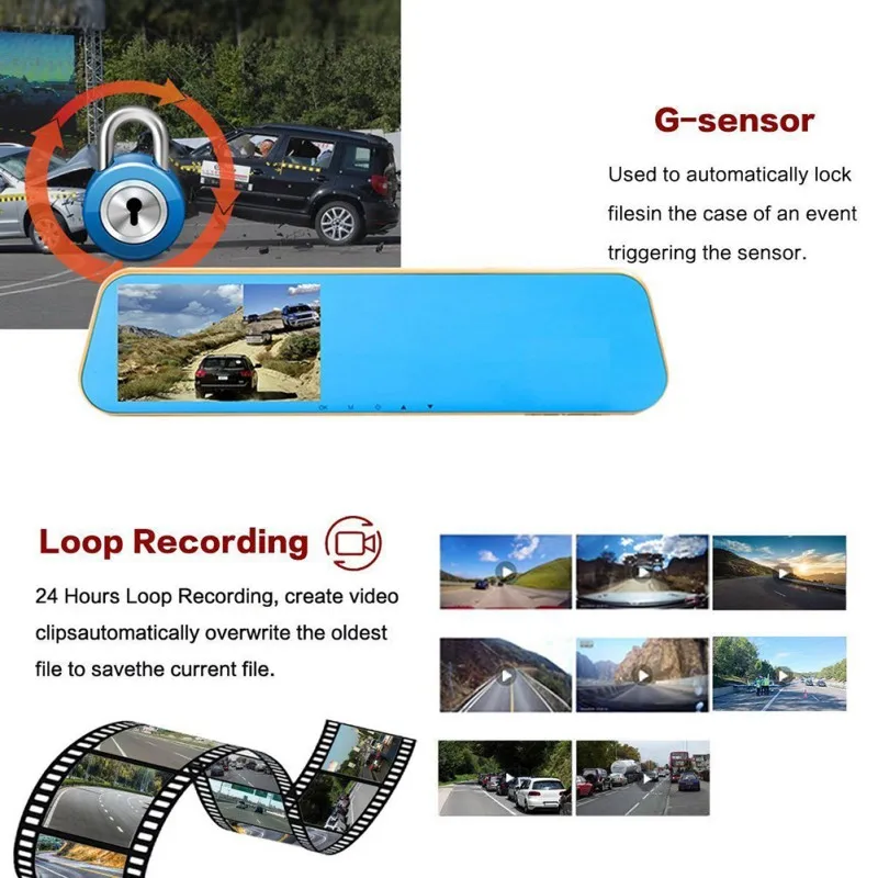 4,3 дюймов Dash Cam Full HD 1080P Автомобильный видеорегистратор зеркало заднего вида камера с двойным объективом Автомобильная камера циклическая запись рекордер Аудио Видео Регистратор