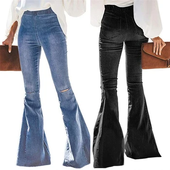 

2020 New High Waist Flare Jeans Black Bell Bottom Ripped Female Jeans For Women Denim Skinny Jeans Mom Wide Leg Plus Size Pants