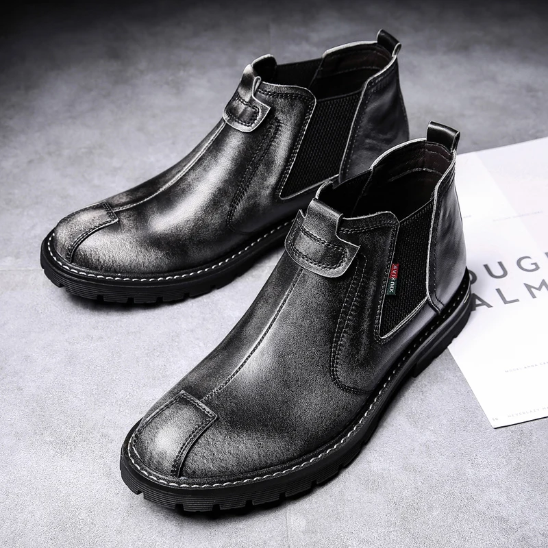 Chelsea Boots Men Winter Shoes Black Split Leather Thick sole Mens Footwear Warm Plush nonslip snow boots size 38-44 Walker peak