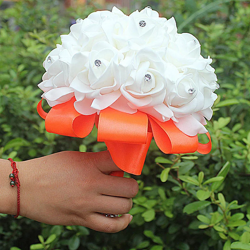 perfectlifeoh Wedding Bridal Bouquet Artificial Flower PE Foam Roses With Faux Crystal Rhinestone Ribbons for Party Church Decor wedding bouquets artificial rose flowers