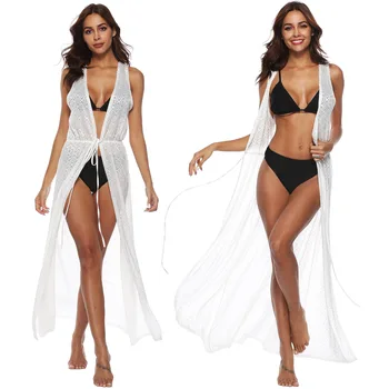 

Summer White Beach Sexy Bikini Cardigan Cover Up Robe Women Sleeveless Bandage Bathing Suit Long Chiffon Tunic Dresses Ladies
