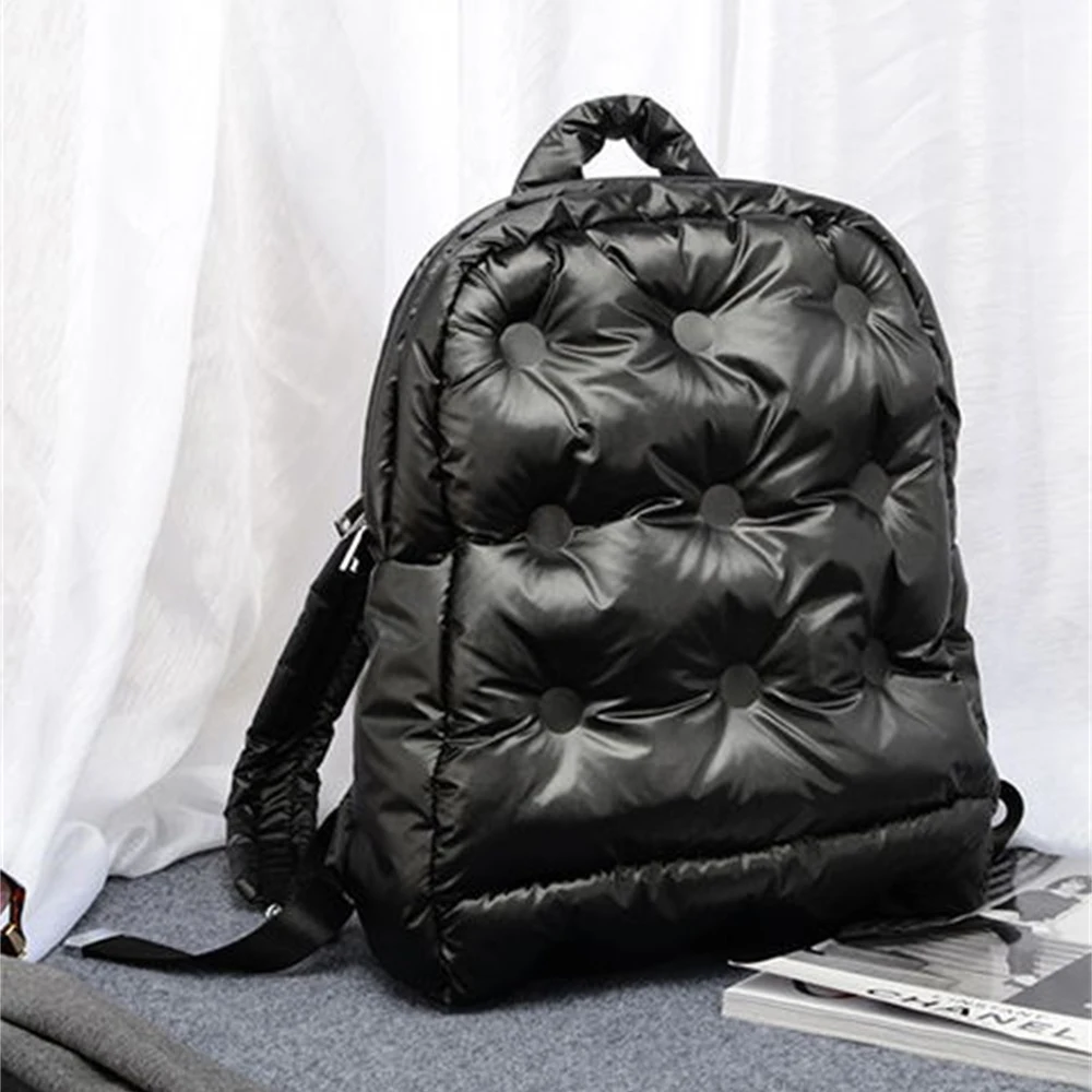 Новые женские рюкзаки корейский космический хлопок теплый воздушный мешок рюкзак зимний сплошной цвет вниз Дамский рюкзак Модная студенческая сумка - Цвет: Black