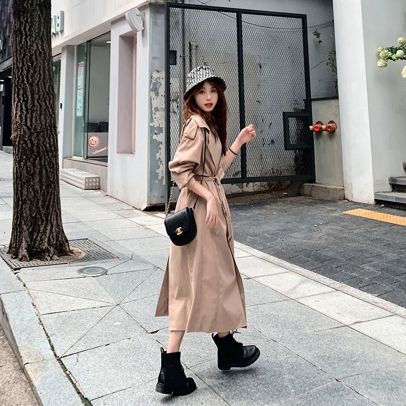 

Khaki Coat Women's Autumn 2020 New Style Popular over-the-Knee Mid-length British Style Loose-Fit Elegant Trench Coat Short-heig