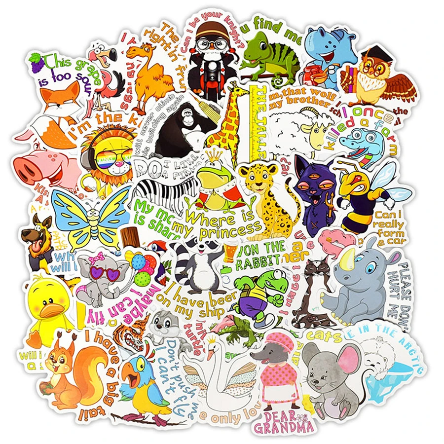 50 PCS Cute Cartoon Animal Sticker Toys for Children Funny Words Anime Decor Stickers to Laptop Phone Luggage Car DIY Decal 50 pc cute panda stickers toys for kids gift cartoon animal stickers to diy laptop phone fridge kettle bike car sticker decal