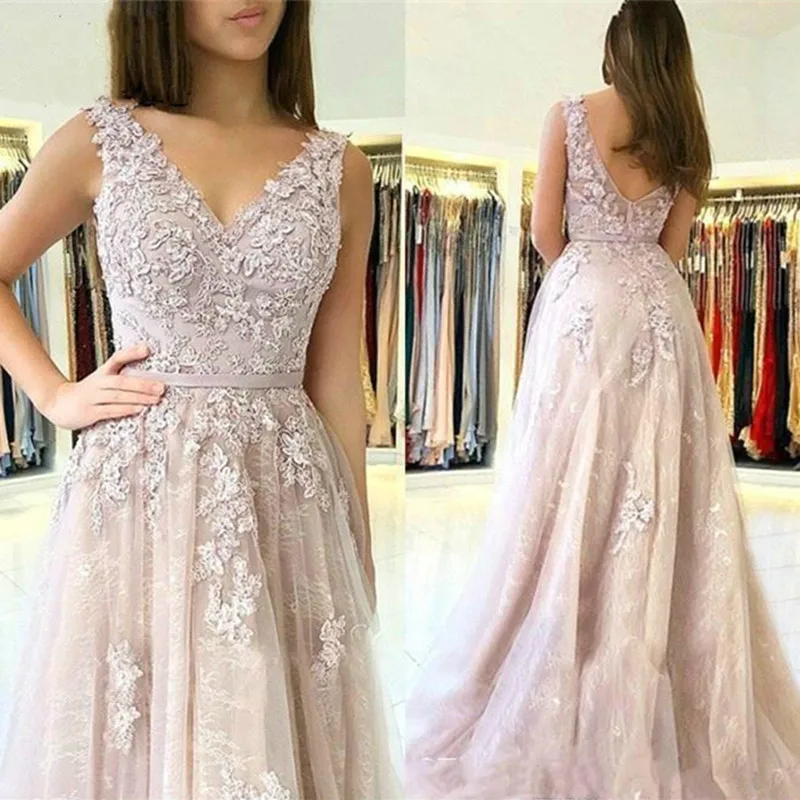 Sexy A-Line V-Neck Evening Dresses Wear Formal Prom Gowns Lace Floor Length Vestidos De Gala Prom Gown Robe De Soiree