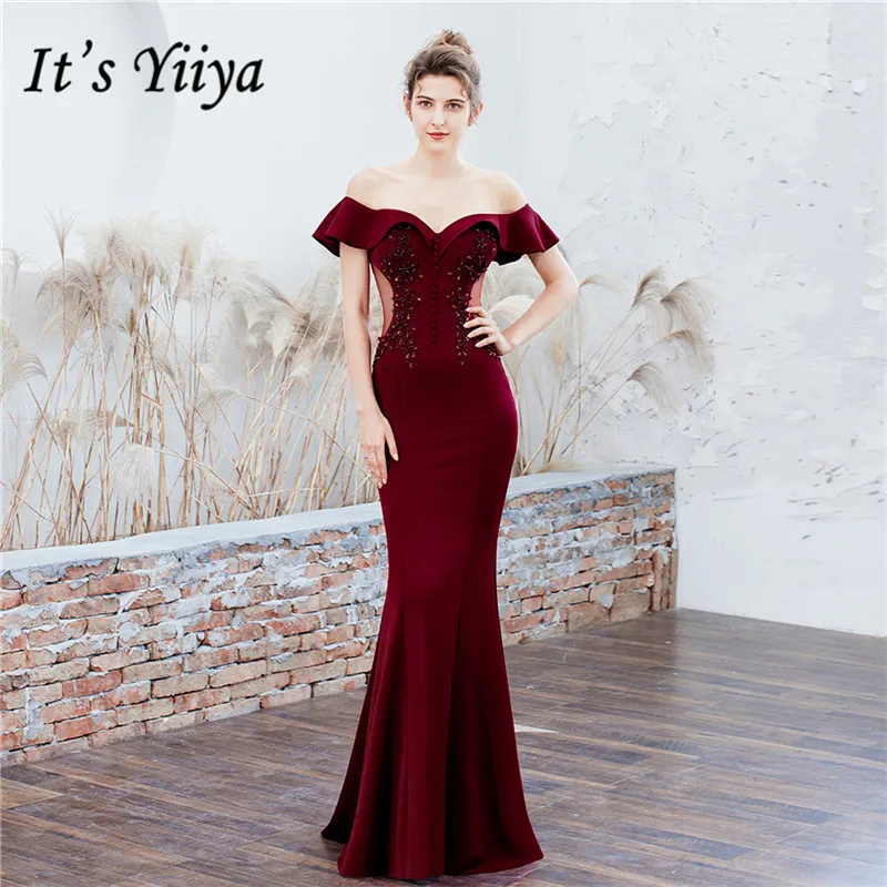 Burgundy Mermaid Evening Dresses It's Yiiya DX265 Boat Neck Plus Size Robe De Soiree Elegant Ruflles Off Shoulder Gown | Свадьбы и