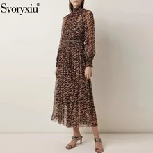 Svoryxiu Винтаж леопардовый принт осень зима Подиум платье женские Tand воротник с длинным рукавом эластичные вечерние платья с высокой талией