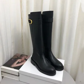 

Round Toe Boots Autumn Winter Brand Design Black Leather Women Shoes Fashion Female Long Boots