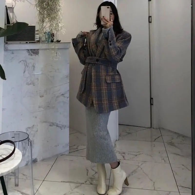Women Elegant Notched Plaid Blazer Winter Outwear Belt Single Breasted Suit Coat Safari Style Loose Thin Woolen Coat