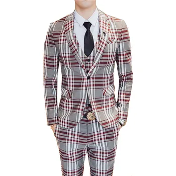 

Jacket + Pant + Vest / New Men Business Slim Suits Sets Plaid Wedding Dress Three-piece Suit Blazers Coat Trousers Waistcoat