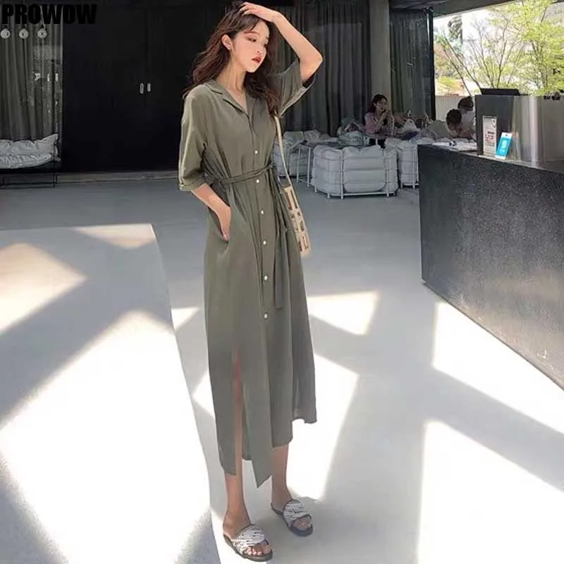 Chic Elegant Women Midi Dress Summer Fashion Office Waist Split Dresses Korean Retro Chiffon Japanese Leisure Dress Female 2020