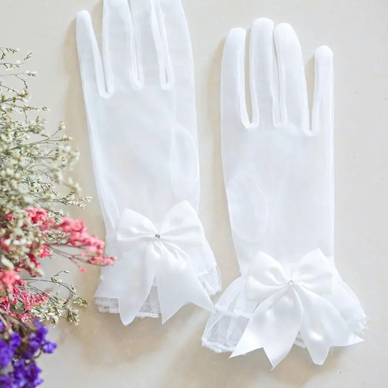 New Bride Gloves Gauze Bow-knot with Fingers Short White Glove Wedding Dress Accessories Photo Props E15E