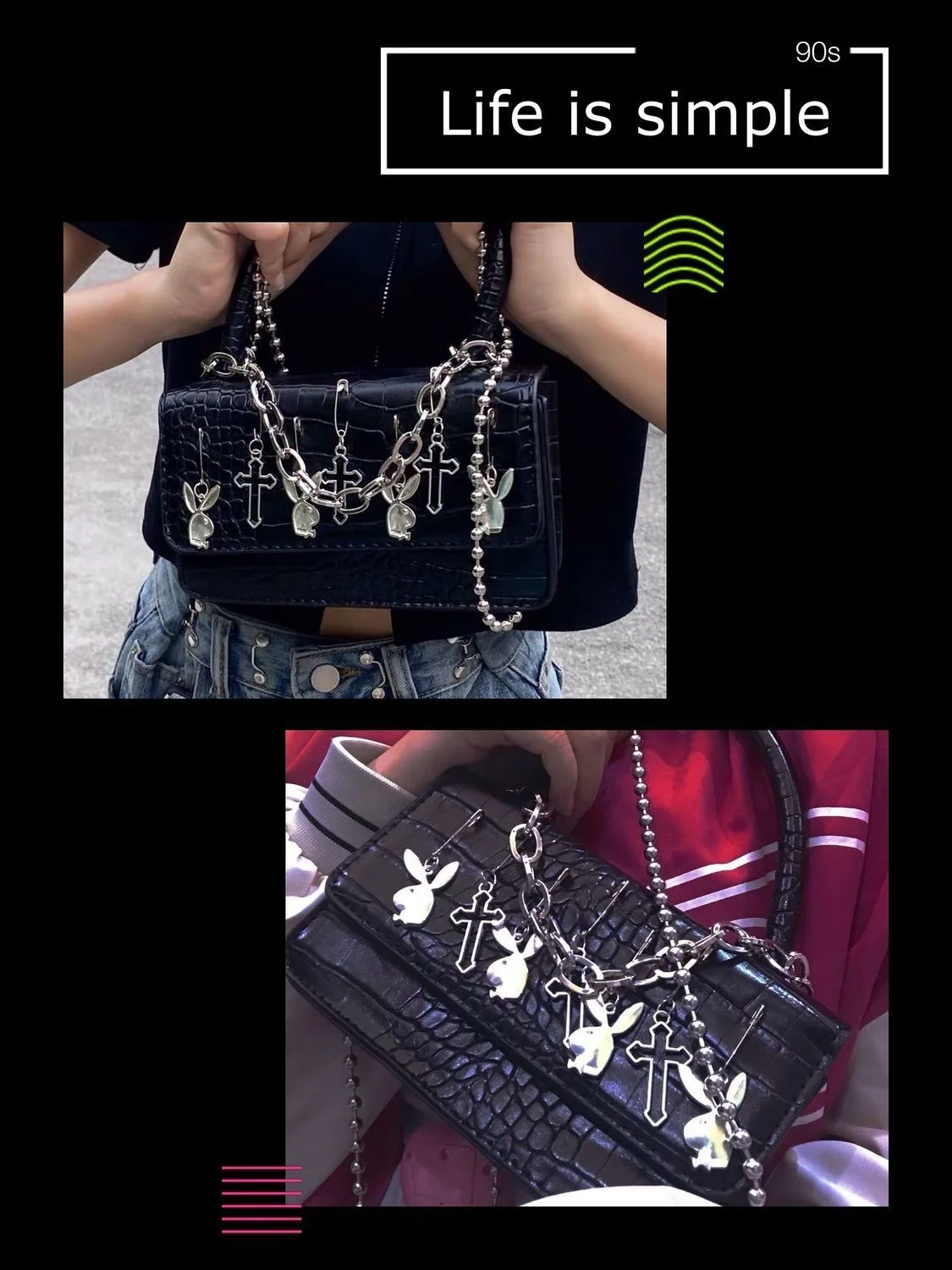 Harajuku Gothic Shoulder Bag Woman Metal Punk Moto Biker Style Female Handbags Cross Paper Clip Rabbit Dark Messenger Bag Purses