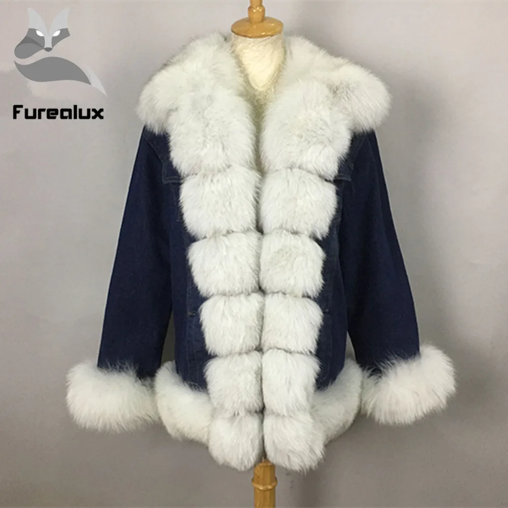 Furealux джинсовая парка, пальто с натуральным мехом, зимняя куртка для женщин, пальто из натурального Лисьего меха, толстая теплая меховая парка, куртка из натурального меха