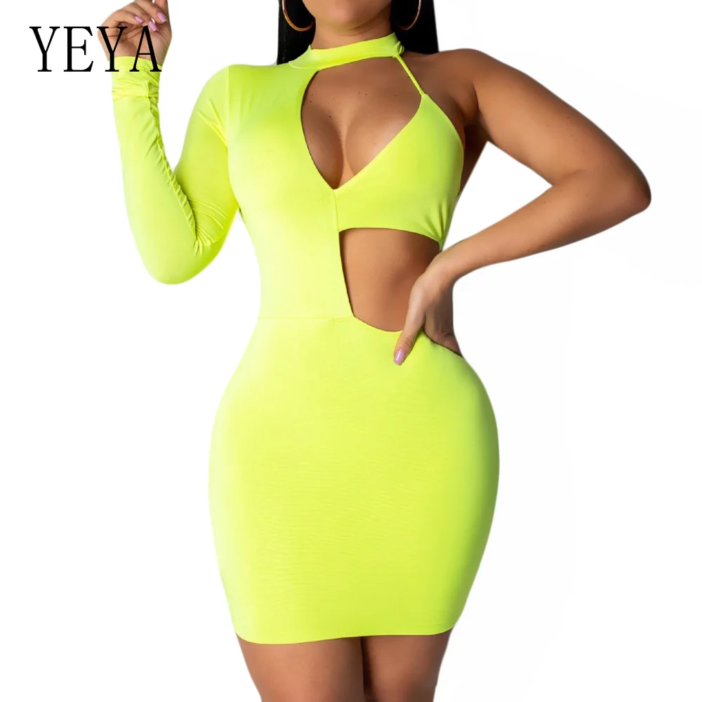 

YEYA Sexy Women Elegant Summer Hollow Out One Shoulder Bodycon Halter Mini Dress Night Club Party Slim Pencil Short Dresses