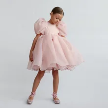 Pink Tulle Girl Dress Fashion Puff Sleeve Princess Dress Puffy Skirt  Vestidos Wedding Party Birthday Tutu Dresses Child Clothes