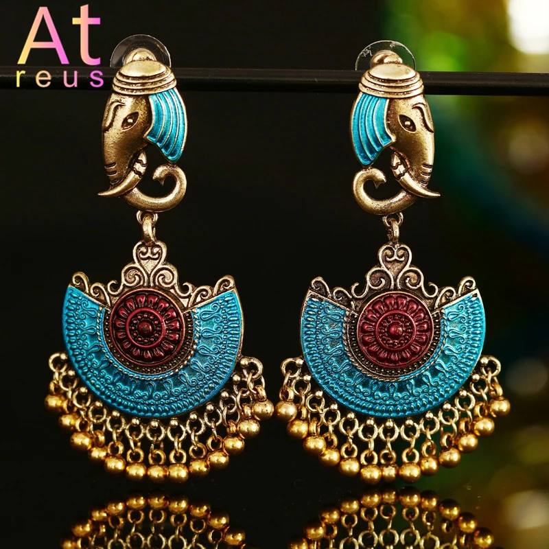 

Indian Jhumka Elephant Earrings Gypsy Afghan Jewelry Retro Ethnic Antique Beads Drop Tassel Earrings for Women Bohemian Gift