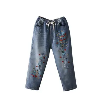 

Embroidery Mini Flower Elastic Waist Women Jeans Casual Pockets Mid-Calf Length Pants Loose Holes Denim Pants