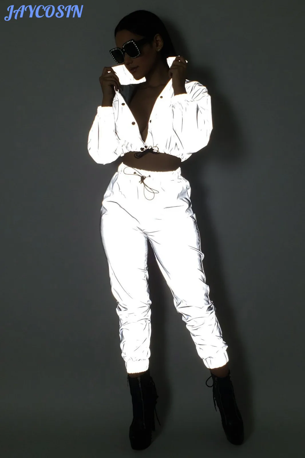 JAYCOSIN, Женский комплект одежды, светоотражающие однотонные комплекты из двух предметов, Топ с длинным рукавом и эластичной талией и штаны, наряды на осень и зиму 807