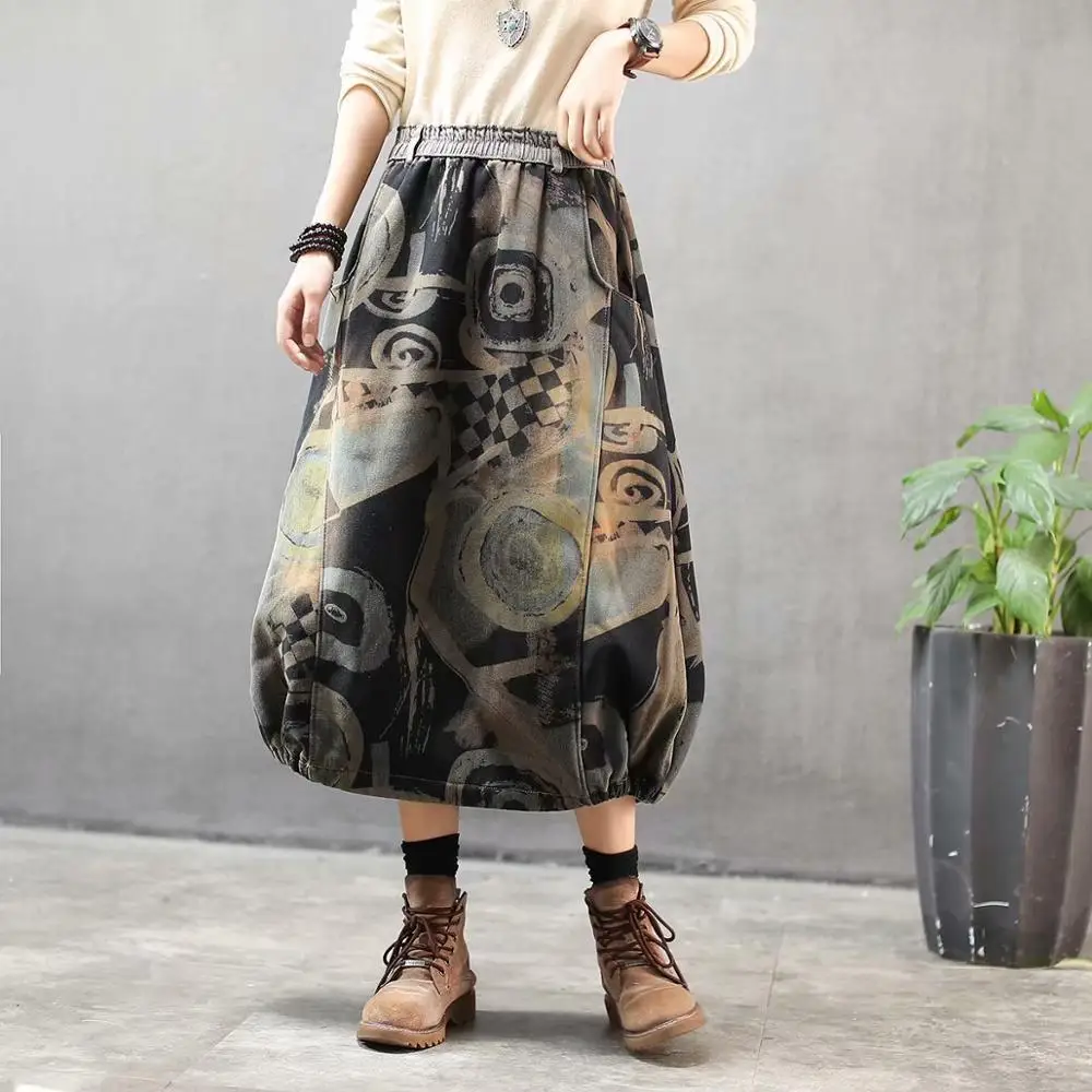 Утолщенная осенне-зимняя винтажная флисовая джинсовая юбка в стиле ретро с эластичной резинкой на талии и карманом хлопчатобумажная юбка из денима - Цвет: Black