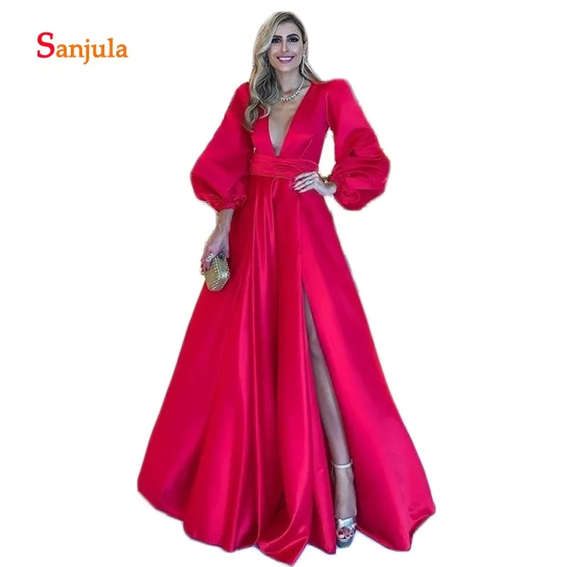 

Puff Long Sleeve Evening Dresses Red Satin A-Line High Leg Slit Formal Dresses Deep V Neck Sexy Dinner Dresses D1331