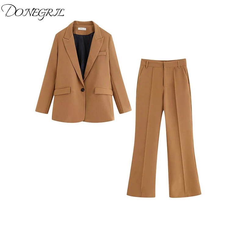 

2020 New Autumn Khaki Casual Suits Women Blazer-Set Single Button Pocket Full Sleeve Top & Flared Trousers Lady Coat Femme Suits