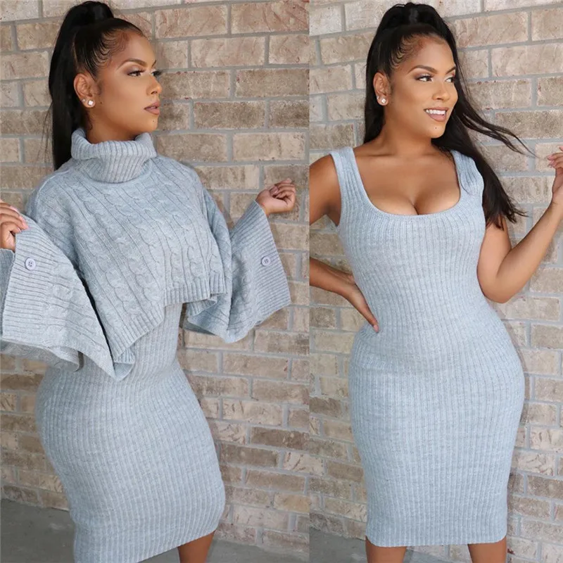 gray 2 piece set Adogirl Winter Sweater Two Piece Set Dress Turtleneck Long Sleeve Loose Crop Top Spaghetti Straps Bodycon Midi Skirt Suits - Цвет: gray 2 piece set