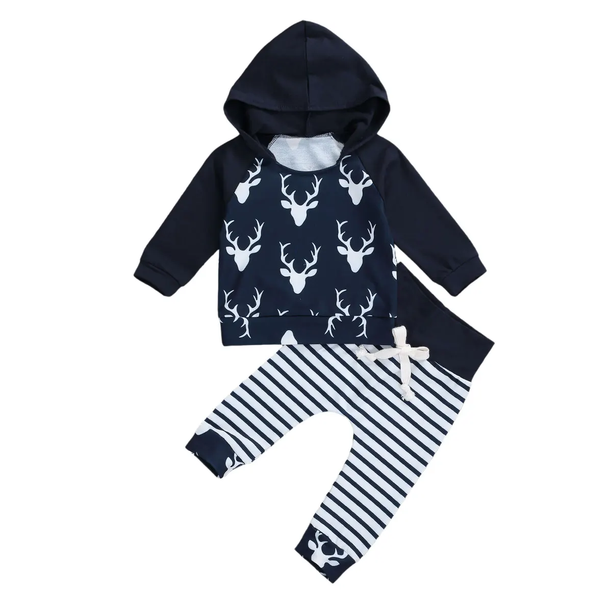 

Toddler Baby Little Boys Suit Hooded Sweater+Trousers, Elk Pattern Horizontal Stripes Printing Drawstring Design Spring Clothing