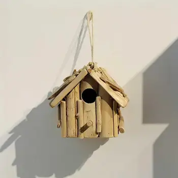 

1PC Pendant Mini Wooden Double Slanted Roof Bird Nest Bird House Shape Pendant Hanging Ornament for Coffee Garden Yard Home