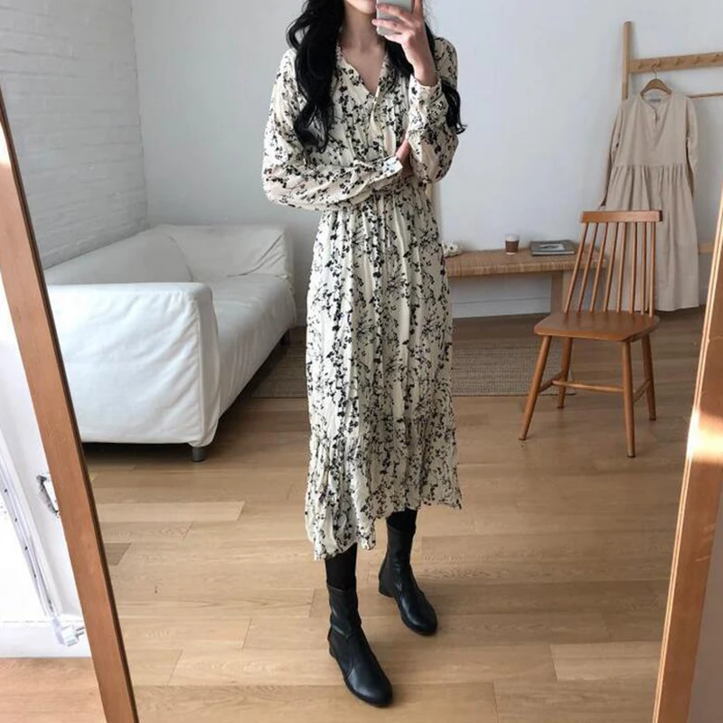 Autumn Chiffon Floral Dress Korean Style Elegant Long Sleeve Dress Sweet Girls Pleated Long Flower Dress - Цвет: creamy-white