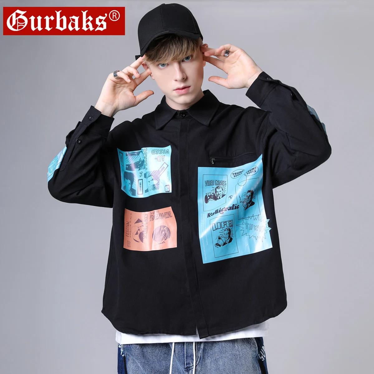 Black VOGUELEO/Осенняя Новая мужская рубашка с длинными рукавами в Корейском стиле, уличная, Молодежная, уличная, повседневная, модная, трендовая, мужская рубашка с принтом - Цвет: Black