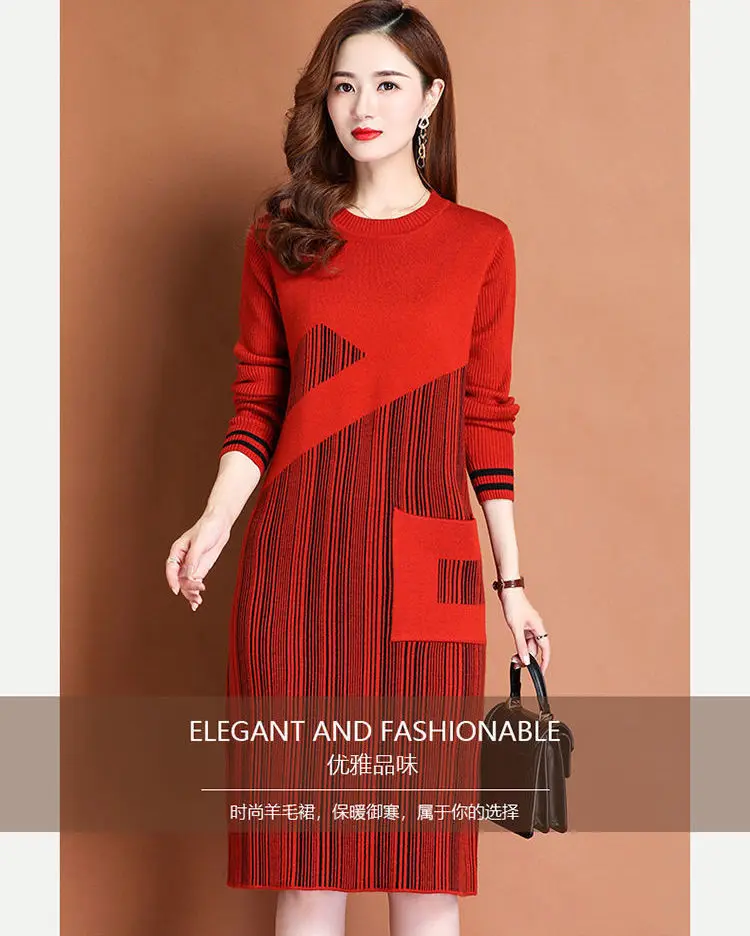 Autumn Dress Women 2021 New Knitting Sweater O-neck Long Sleeve Knee-length  Patchwork Pocket Decoration Slim Female Clothes - Dresses - AliExpress