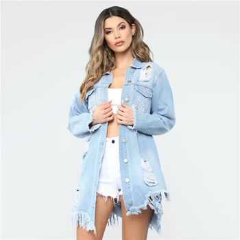 

Fashion Women Autumn Winter Top Oversized Holes Ripped Boyfriend Denim Jacket and Coats Ladies Streetwear Plus Size S-3XL