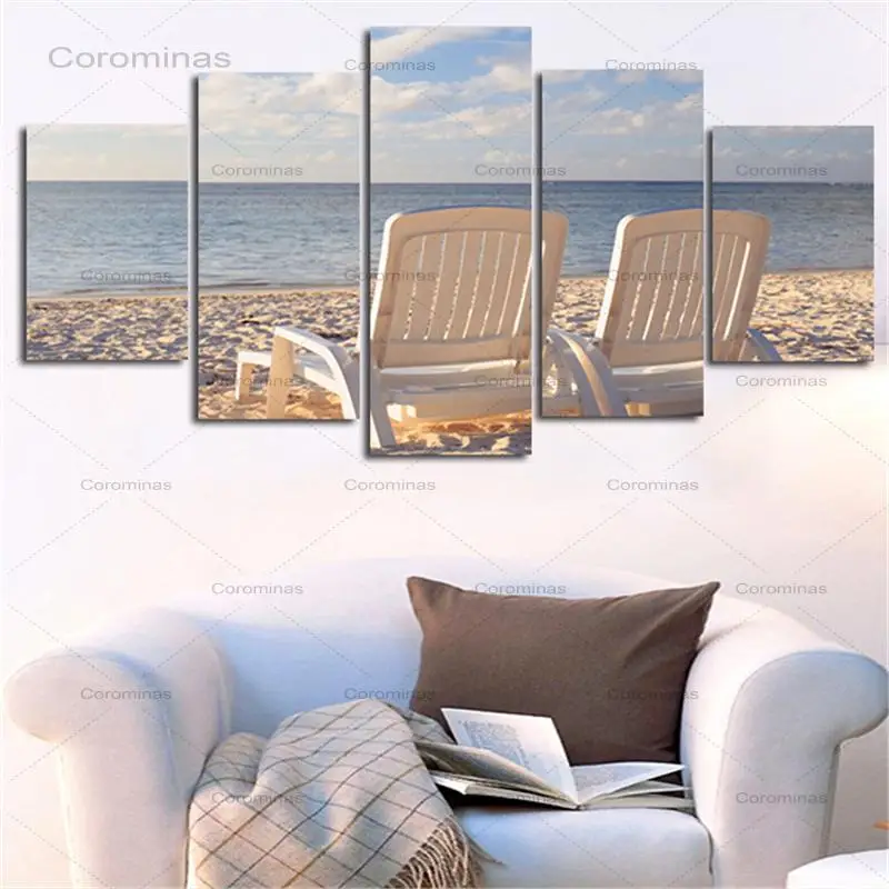 5 Pieces Canvas Art Wall Painting Sunshine Sea And Beach For Vacation Pictures Posters Home Decor Artwork No Framed Works | Дом и сад