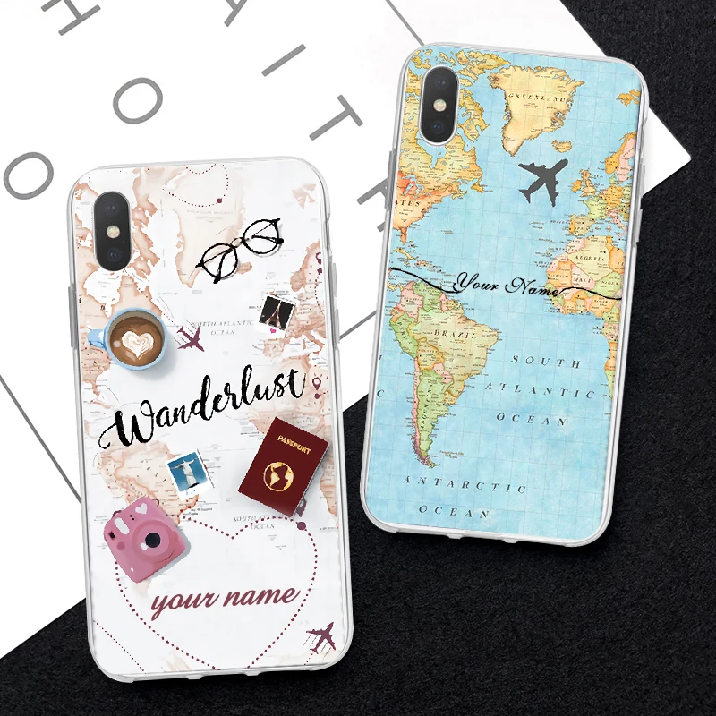 

Personalized Custom Name Phone Case For iPhone 6 6S 7 8 Plus X XS max Huaiwei P10 P20 P30 World Map Crown Heart Soft Clear case