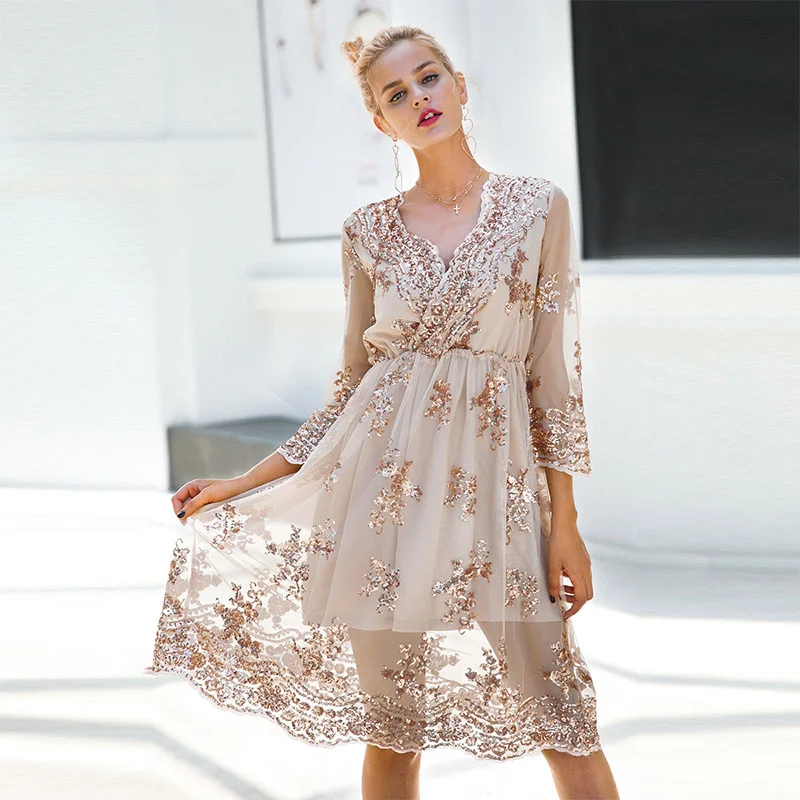 

Sexy Sequined Dress Women Evening Party Dresses Embroidery Elegant Mesh Dress V Neck Elastic Waist Midi Dress Vestidos de festa