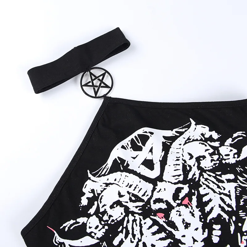 Pentagram Halter Vest Sexy Black Cartoon Print Backless Camisole Women's Halloween Tank Y2K E Girl Grunge Punk Party Club Wear long camisole